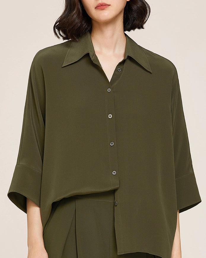 Weekend Oversize Silk Blouse Olive Green-BLOUSE-MommeSilk-XS-Urbanheer