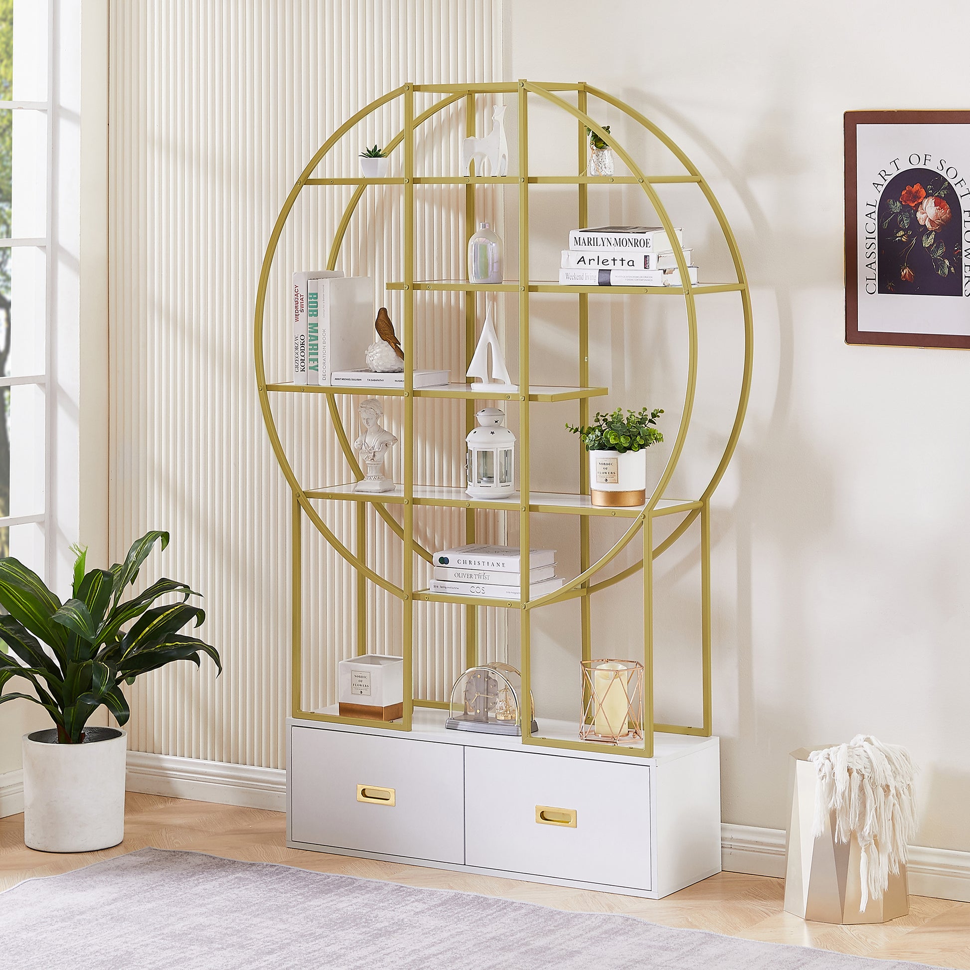 70.8 Inch Round Office Bookcase Bookshelf, Display Shelf, Two Drawers, Gold Frame-UH Decor-Default-Urbanheer