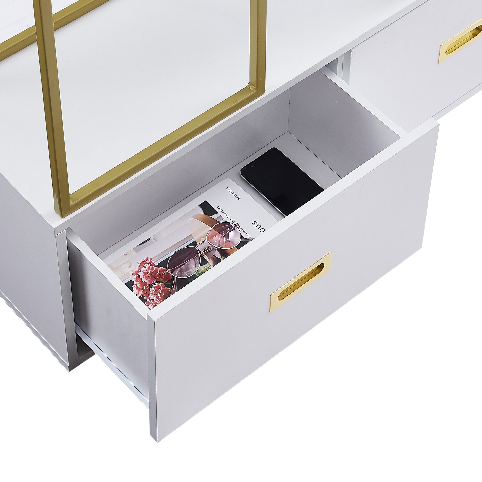 70.8 Inch Round Office Bookcase Bookshelf, Display Shelf, Two Drawers, Gold Frame-UH Decor-Default-Urbanheer