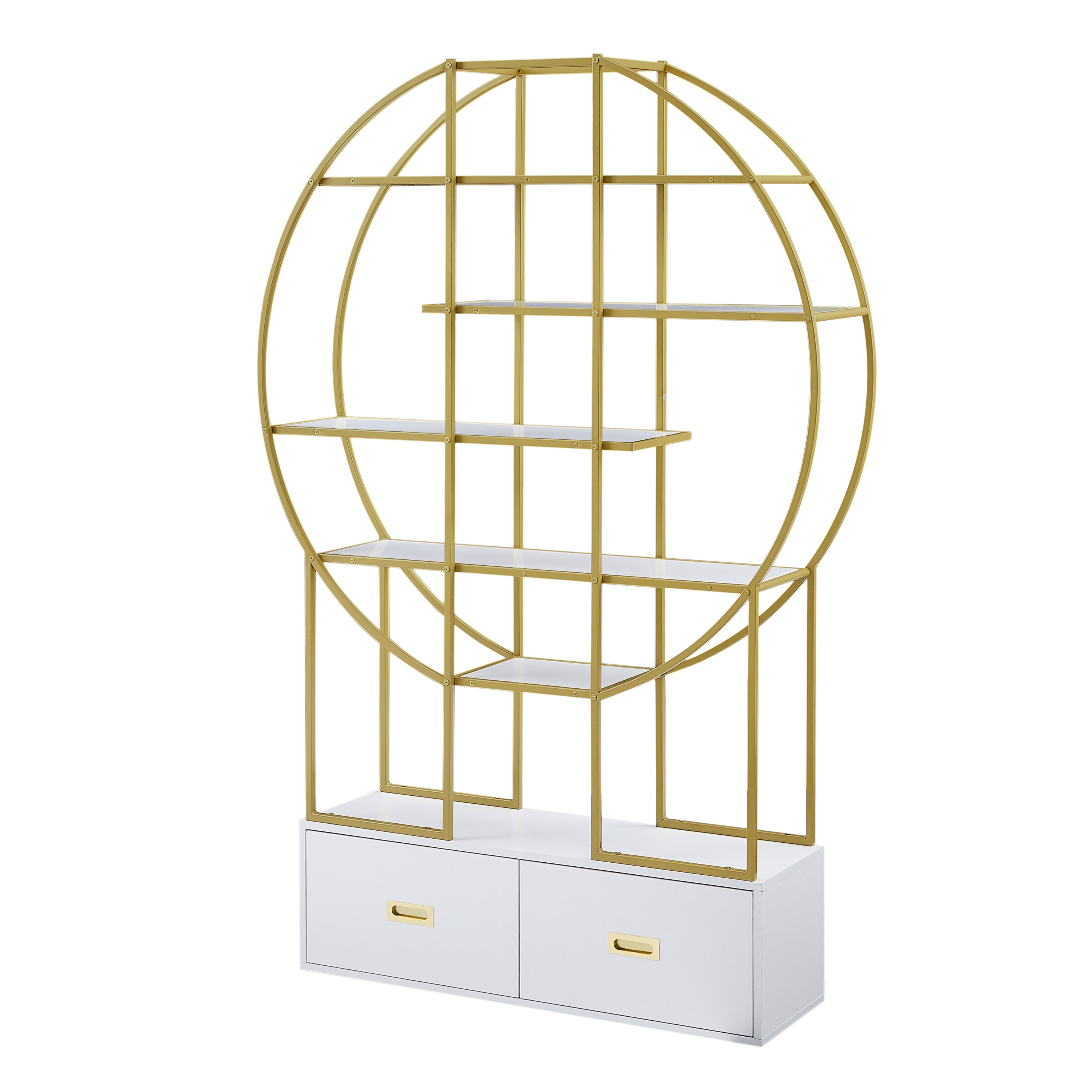 70.8 Inch Round Office Bookcase Bookshelf, Display Shelf, Two Drawers, Gold Frame-UH Decor-Default-Urbanheer