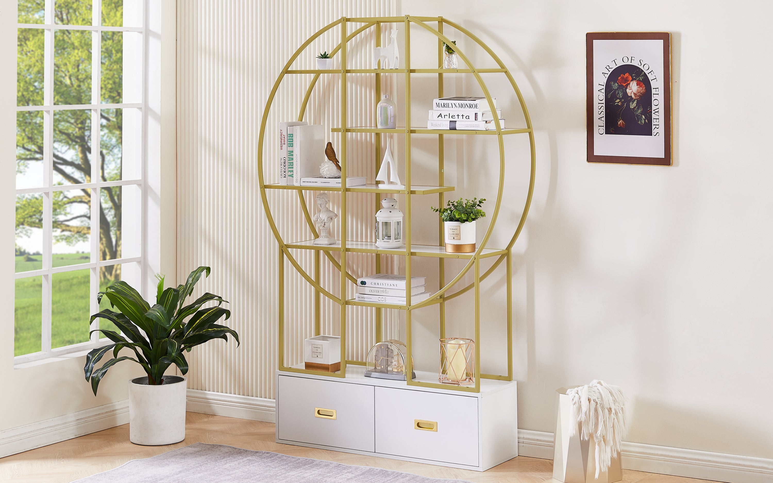 70.8 Inch Round Office Bookcase Bookshelf, Display Shelf, Two Drawers, Gold Frame-UH Decor-Default-Urbanheer