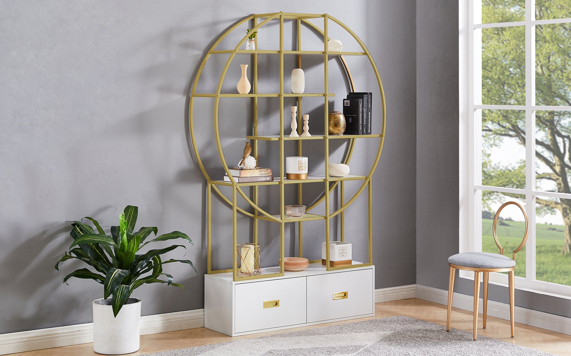 70.8 Inch Round Office Bookcase Bookshelf, Display Shelf, Two Drawers, Gold Frame-UH Decor-Default-Urbanheer