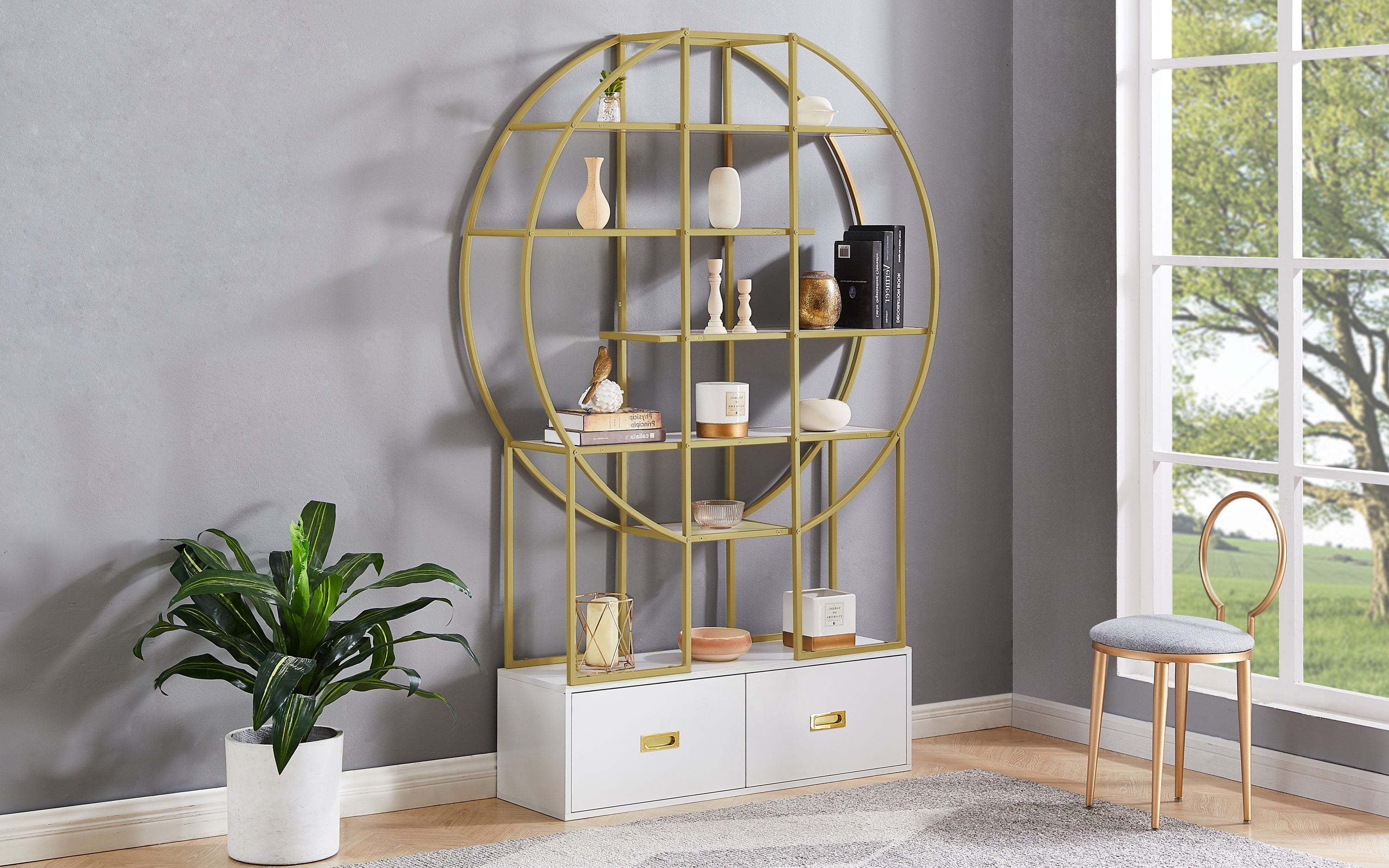 70.8 Inch Round Office Bookcase Bookshelf, Display Shelf, Two Drawers, Gold Frame-UH Decor-Default-Urbanheer