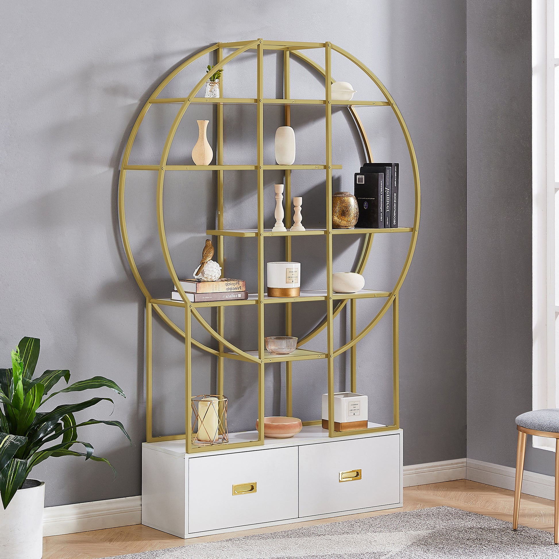 70.8 Inch Round Office Bookcase Bookshelf, Display Shelf, Two Drawers, Gold Frame-UH Decor-Default-Urbanheer