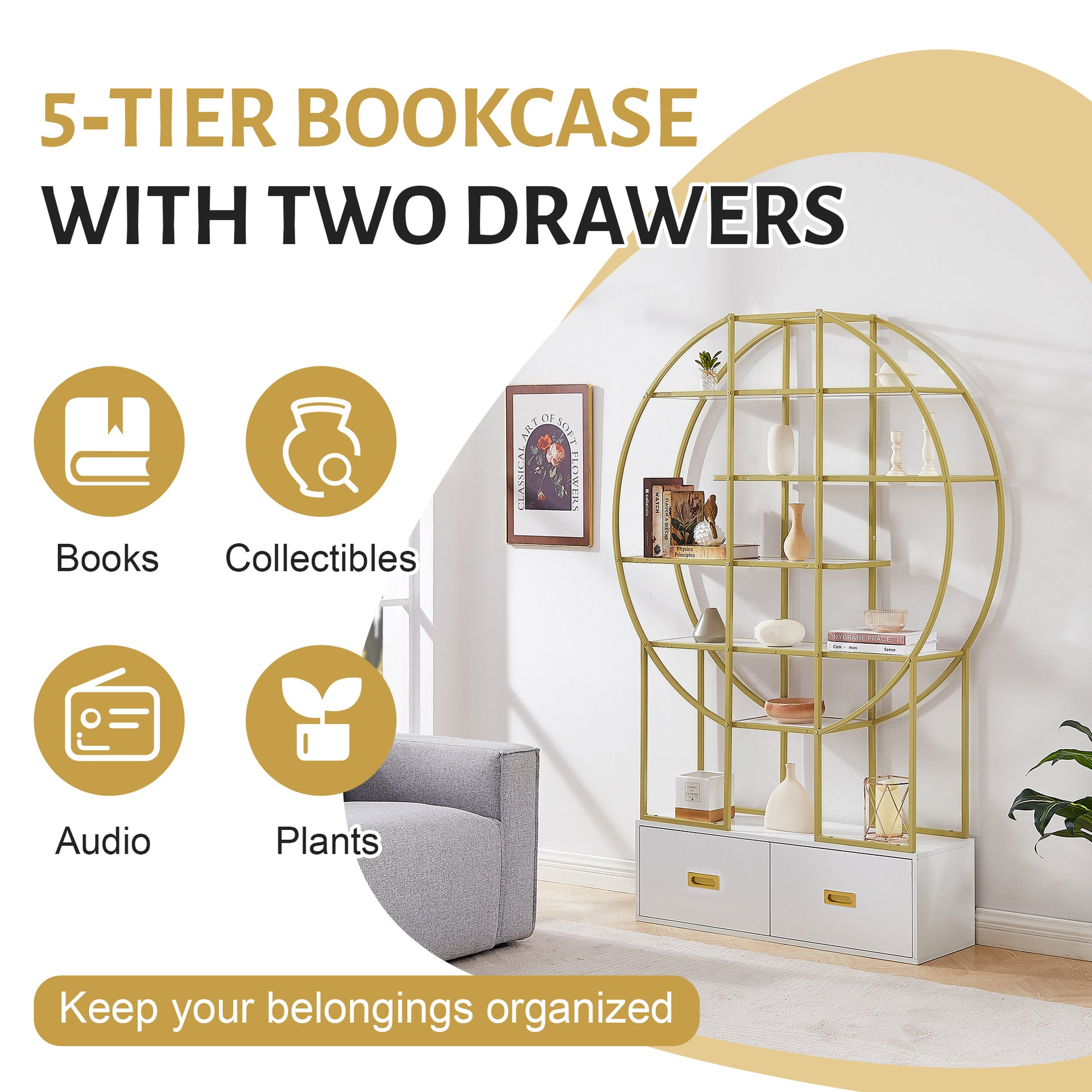 70.8 Inch Round Office Bookcase Bookshelf, Display Shelf, Two Drawers, Gold Frame-UH Decor-Default-Urbanheer