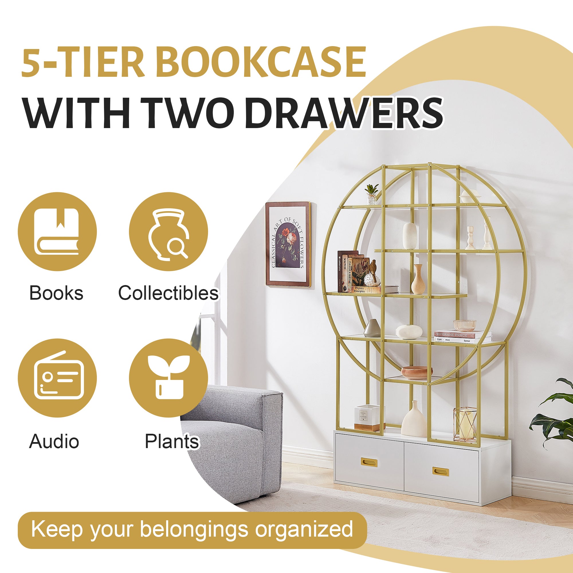 70.8 Inch Round Office Bookcase Bookshelf, Display Shelf, Two Drawers, Gold Frame-UH Decor-Default-Urbanheer