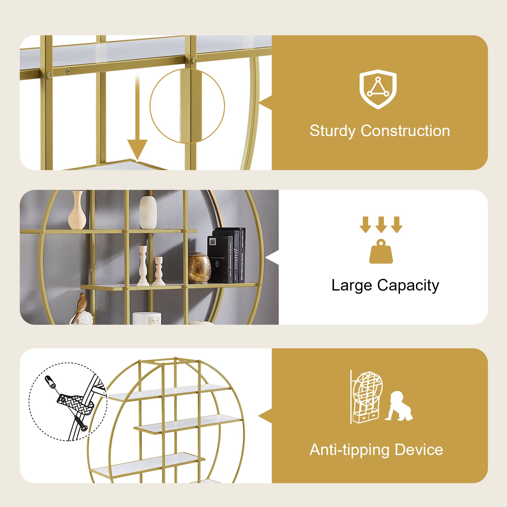70.8 Inch Round Office Bookcase Bookshelf, Display Shelf, Two Drawers, Gold Frame-UH Decor-Default-Urbanheer