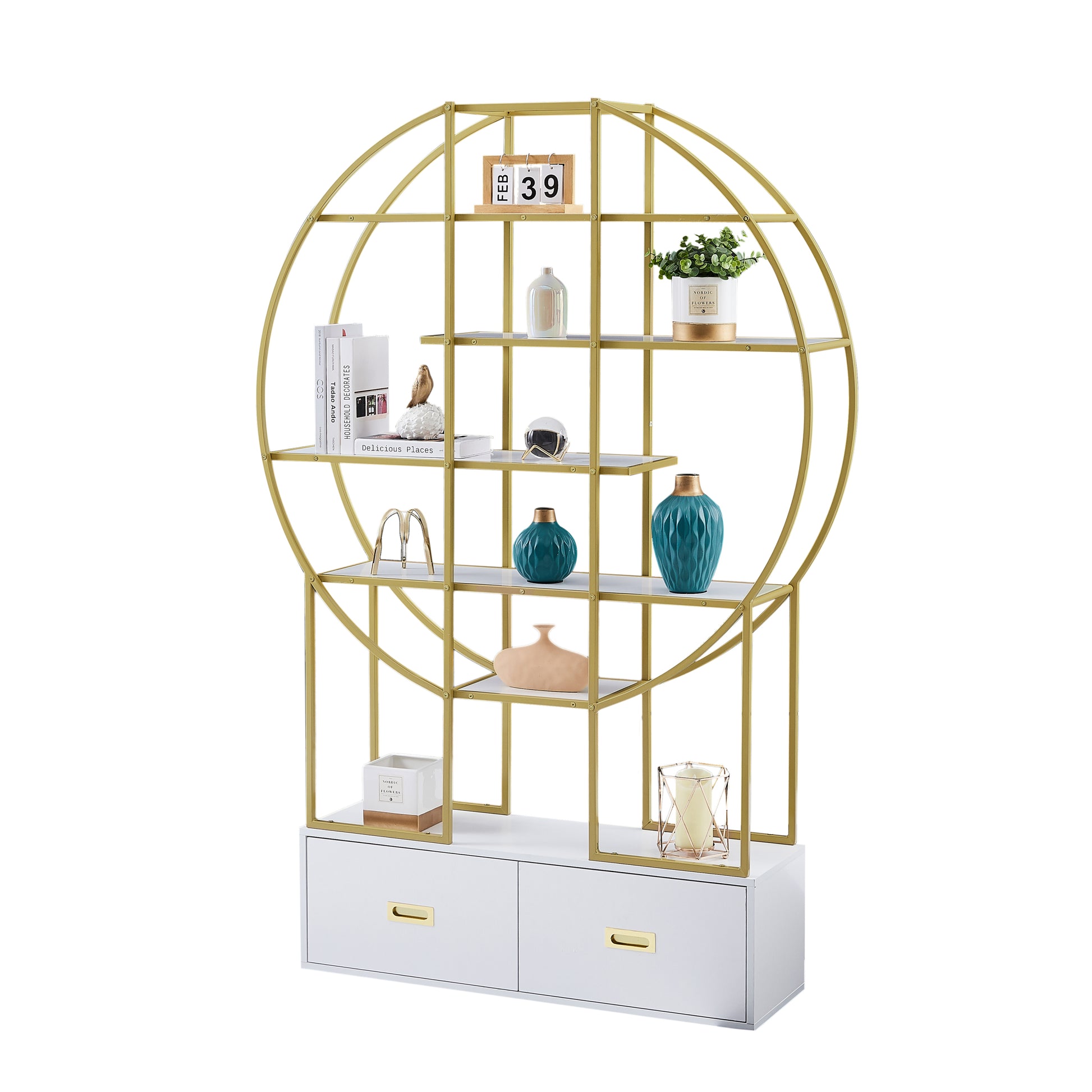 70.8 Inch Round Office Bookcase Bookshelf, Display Shelf, Two Drawers, Gold Frame-UH Decor-Default-Urbanheer