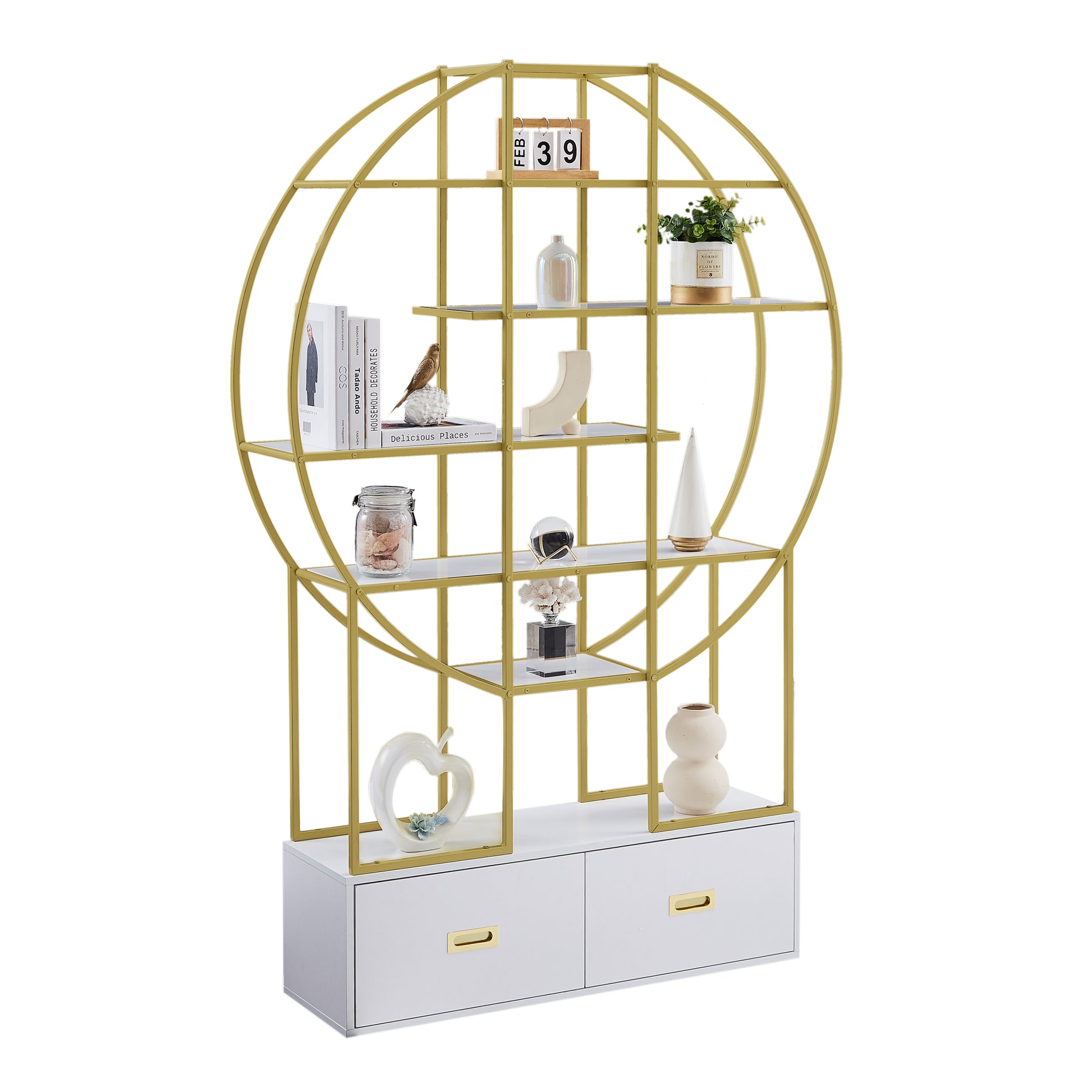 70.8 Inch Round Office Bookcase Bookshelf, Display Shelf, Two Drawers, Gold Frame-UH Decor-Default-Urbanheer