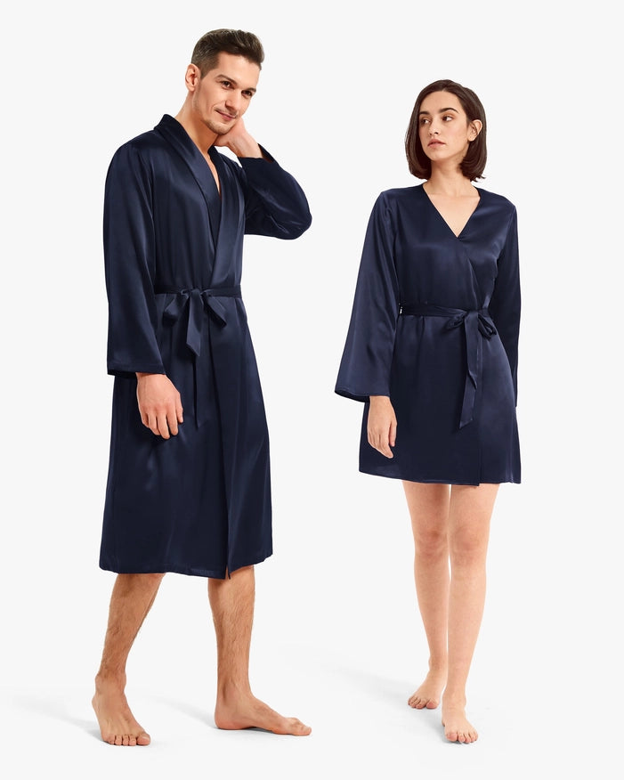 His & Hers Silk Smooth Robes Navy Blue-Pajamas-MommeSilk-XS-Men's-Urbanheer