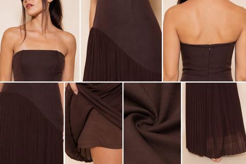 Strapless Asymmetric Pleat Skirt Maxi Dress