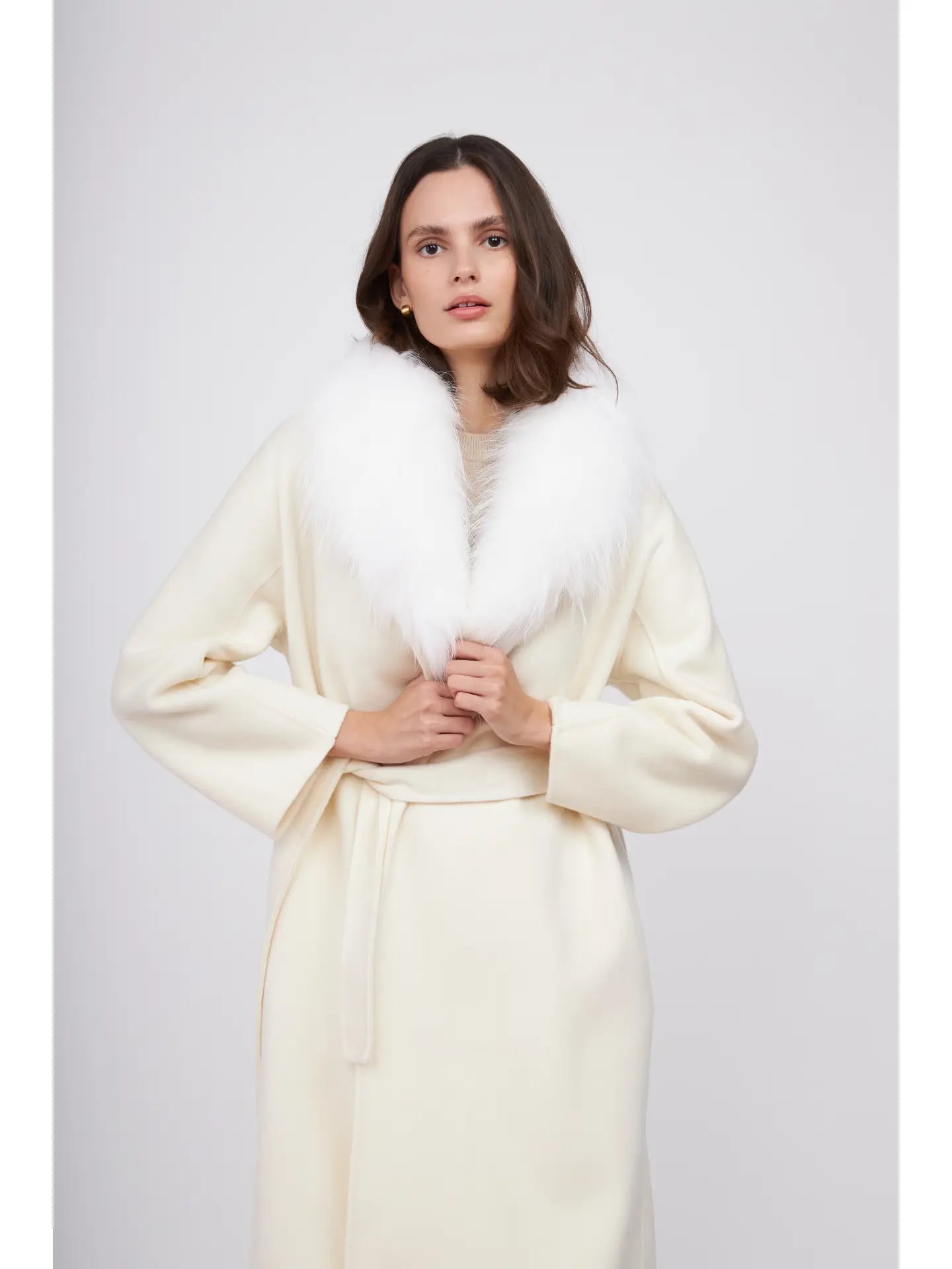 Fur Shawl Collar Cashmere Coat Ivory