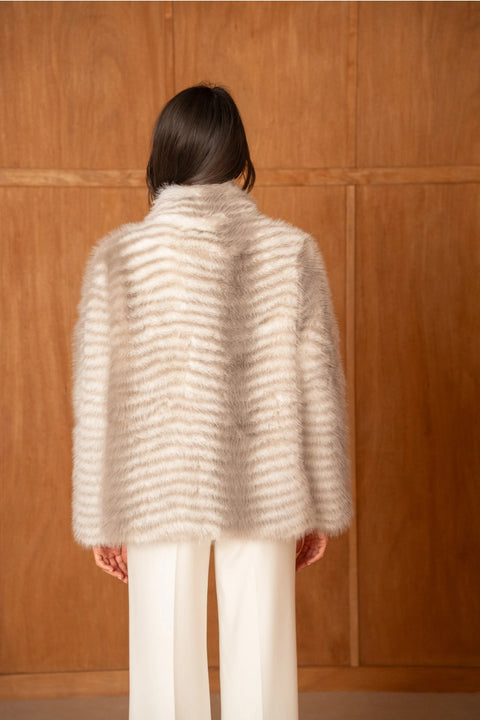 Mid-Length Belted Beige Tiger-Striped Faux Fur Jacket