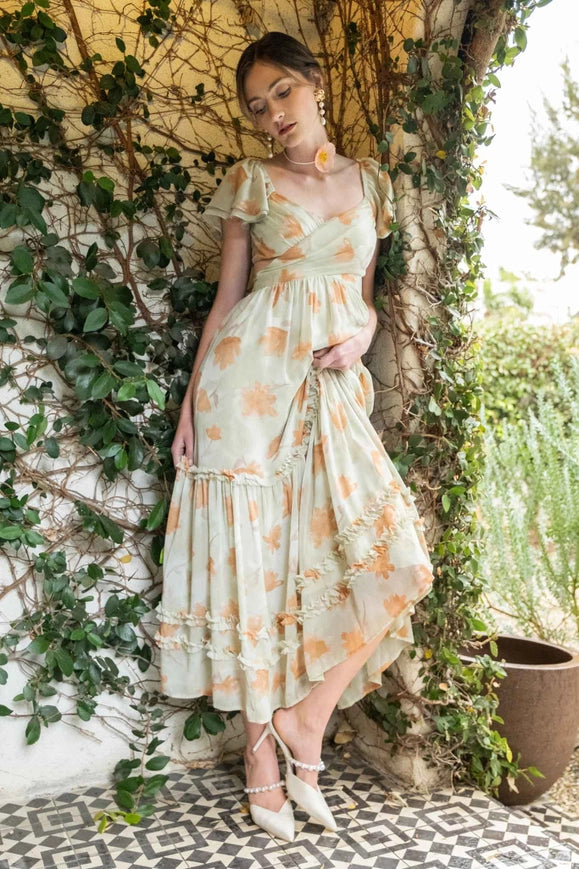 Floral Waist Cut Out Ruffle Midi Dress DUSTY SAGE MULTI-Dress-Blu Pepper-SAGE MULTI-Urbanheer