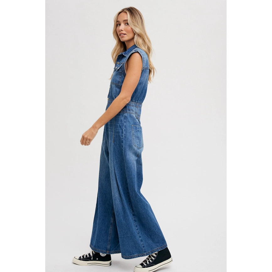Denim Jumpsuit Med Wash-Jumpsuits & Rompers-Faith Apparel-S-Urbanheer