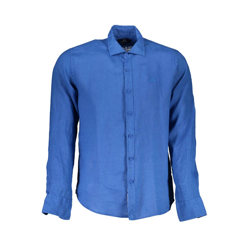 La Martina Blue Linen Men Shirt-La Martina-M-Urbanheer