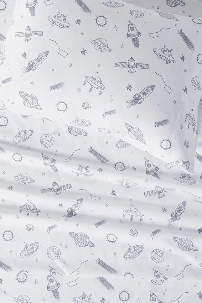 Printed Microfiber Kids Sheet Set, Grey Space Rocket-Olliix-Urbanheer