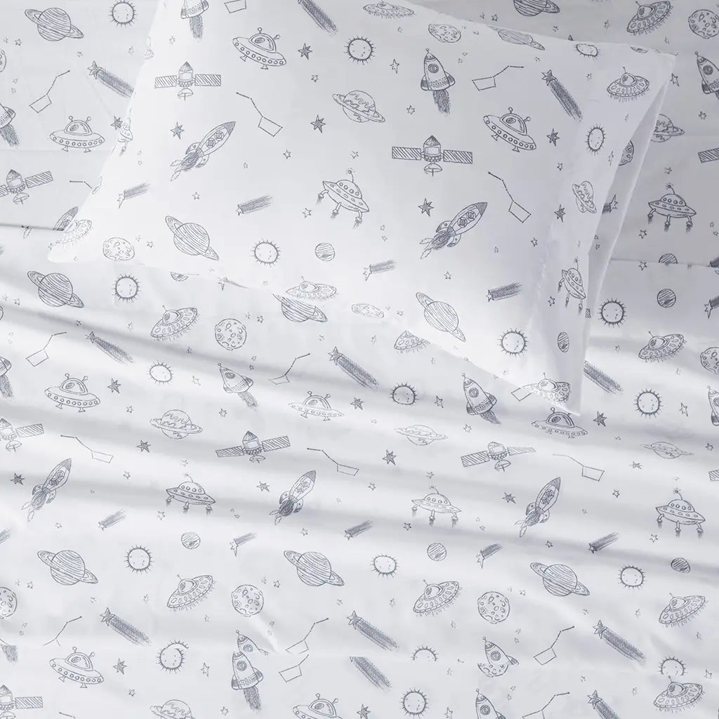 Printed Microfiber Kids Sheet Set, Grey Space Rocket-Olliix-Twin-Urbanheer