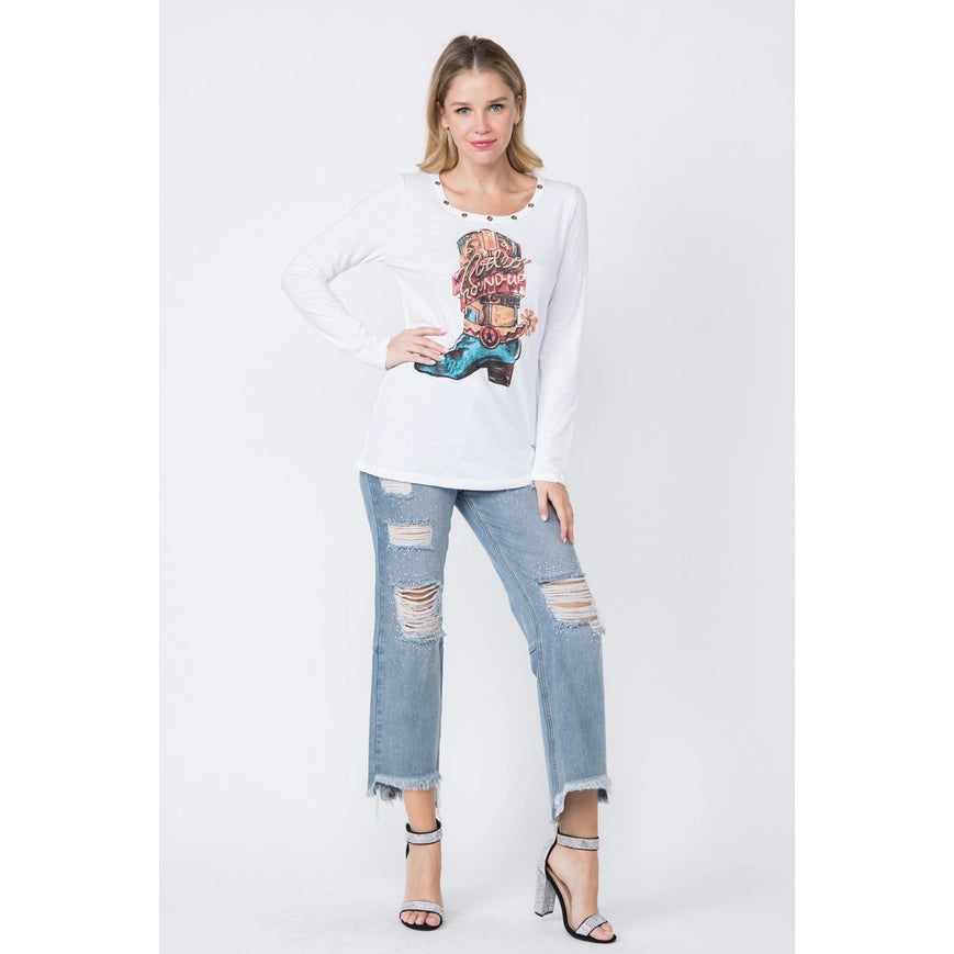 Western Style Long Sleeve Top with Eyelet Trim Off White-Top-Vocal-S-Urbanheer