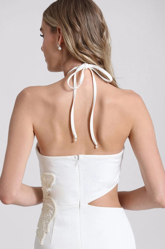 Flower Embellished Cut-Out Halter Dress White/White Flower-Dress-Avec Les Filles-4-Urbanheer