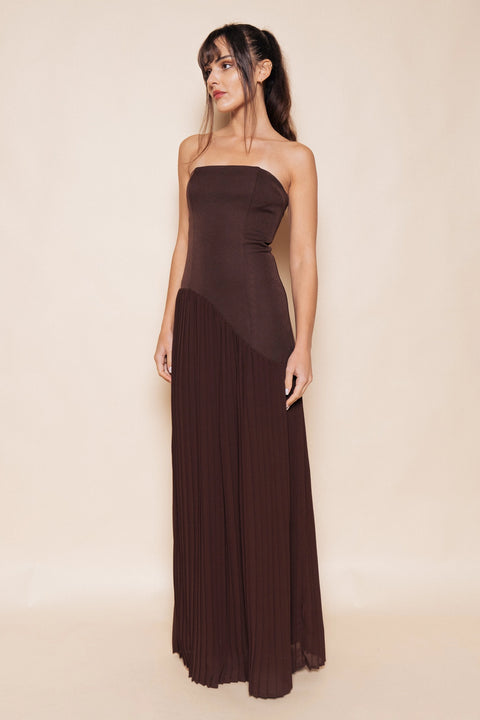 Strapless Asymmetric Pleat Skirt Maxi Dress