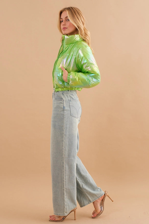 Windbreaker Metallic Puffer Crop Zip Up Jacket Lime-Jacket-Blue B-S-Urbanheer