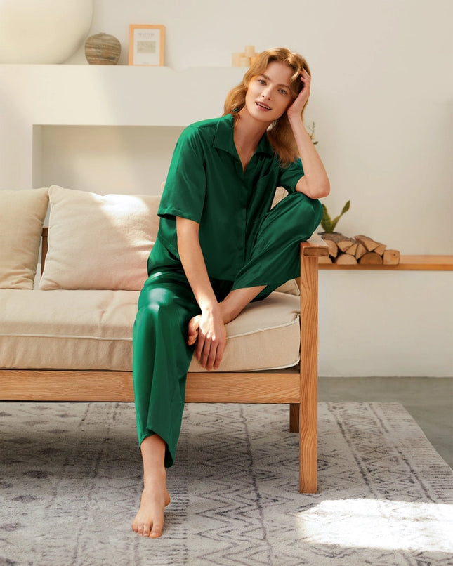 Short Sleeve Silk Pajamas Emerald Green-Pajamas-MommeSilk-XS-Urbanheer