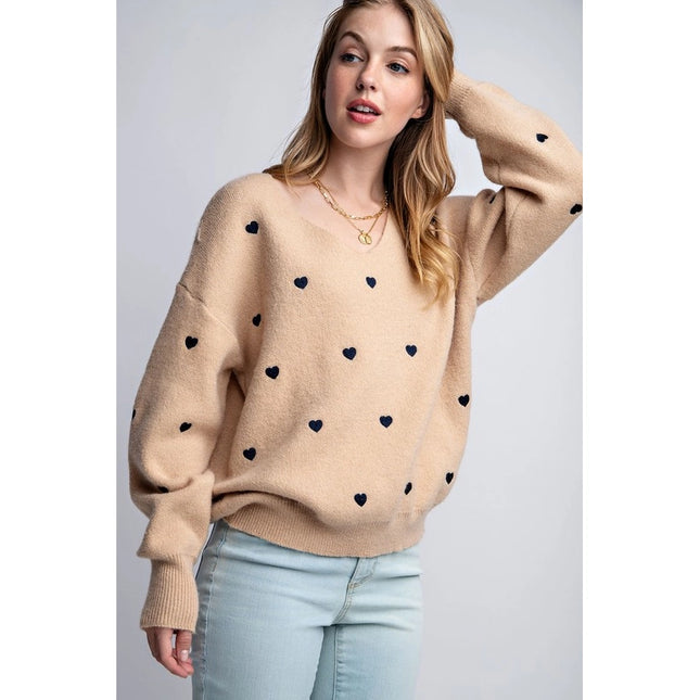 Plus Size Heart Pattern Boxy Knit Pullover Sweater Taupe-SWEATER-Pink Irene Wholesale-1X/2X-Urbanheer