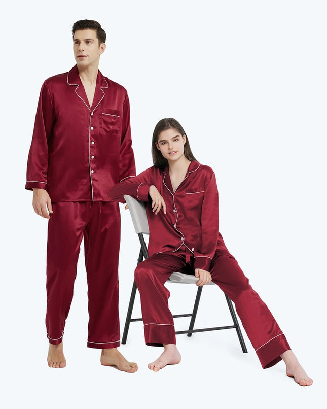 His & Hers Piped Silk Pajamas Claret-Pajamas-MommeSilk-Urbanheer
