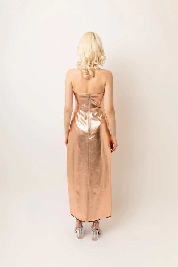 Girelle Faux Leather Rear Zip Bandeau Maxi Dress-Dress-Amy Lynn-Rose Gold-S-Urbanheer