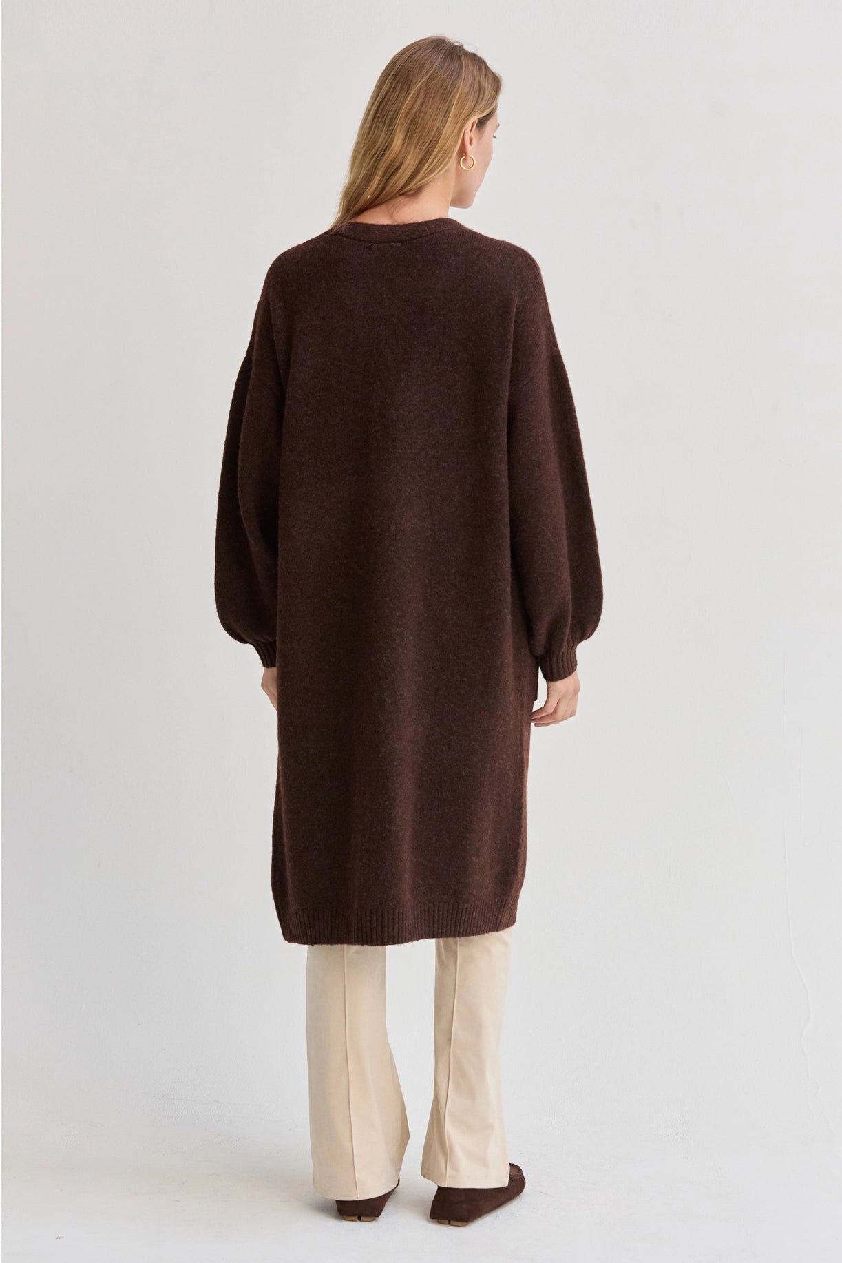 Elena Balloon Sleeve Longline Cardigan in Brown