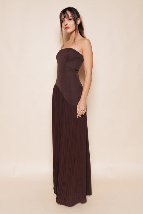 Strapless Asymmetric Pleat Skirt Maxi Dress