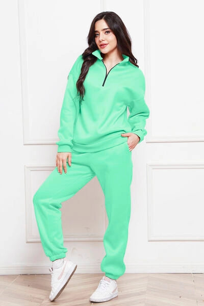 Half Zip Long Sleeve Sweatshirt and Pants Set Mint Green-Sets-Blak Wardrob-S-Urbanheer