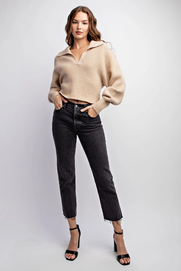 Long Dolman Sleeve Ribbed Crop Sweater Top Taupe-Sweater-EDIT by NINE-S-Urbanheer