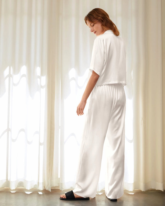 Short Sleeve Silk Pajamas Ivory-Pajamas-MommeSilk-Urbanheer