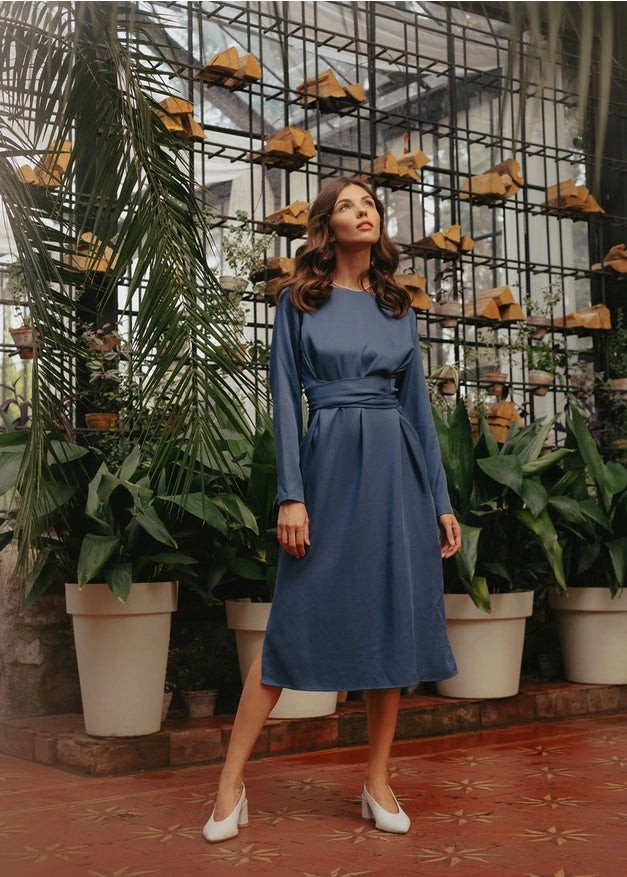 Navy Blue Belted Wrap Dress For Women, Evening Dress-Dress-Nich Linen-XXS-Urbanheer