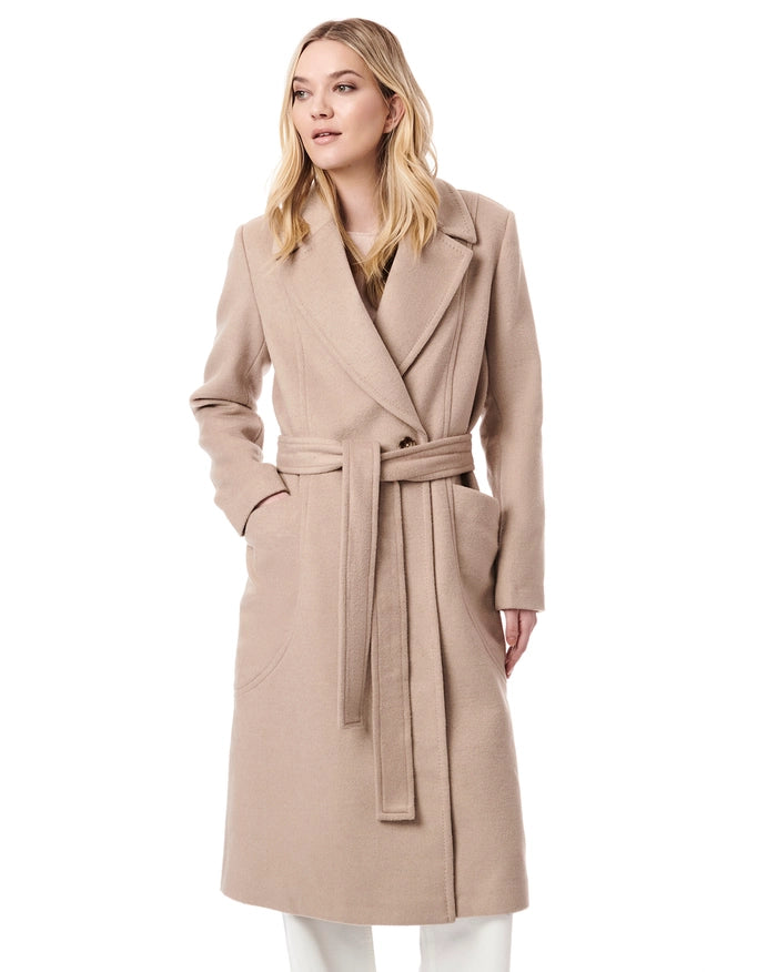 Bernardo Women s Tie Waist Wool Coat Oatmilk