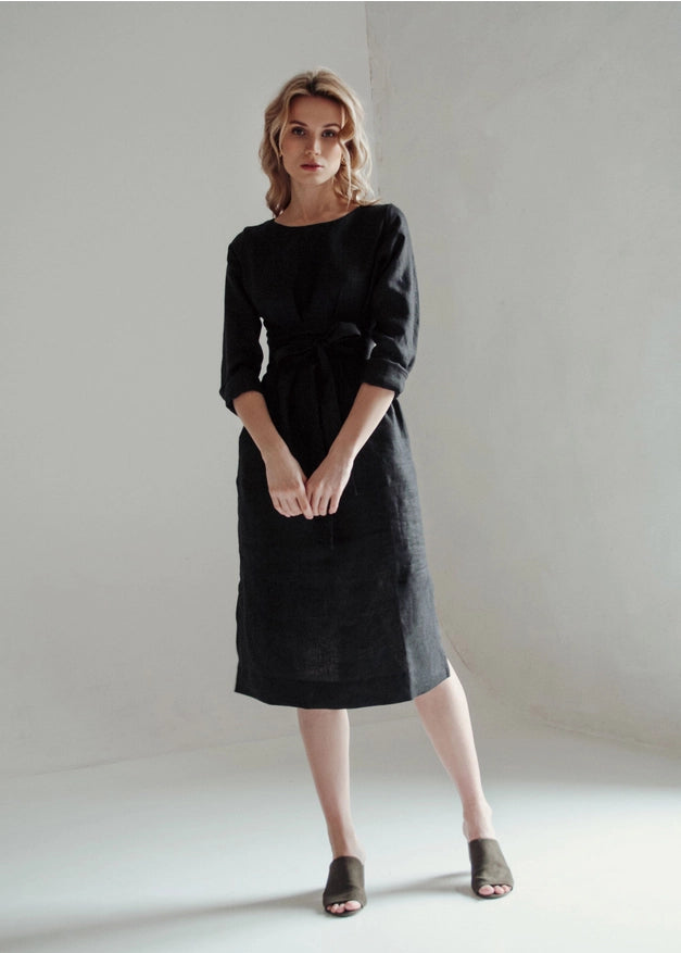 Black Classic Wrap Linen Dress For Women Midi