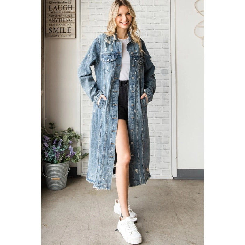 Long Sleeve Destroyed Denim Long Jacket-Jacket-Pink Irene Wholesale-S-Urbanheer