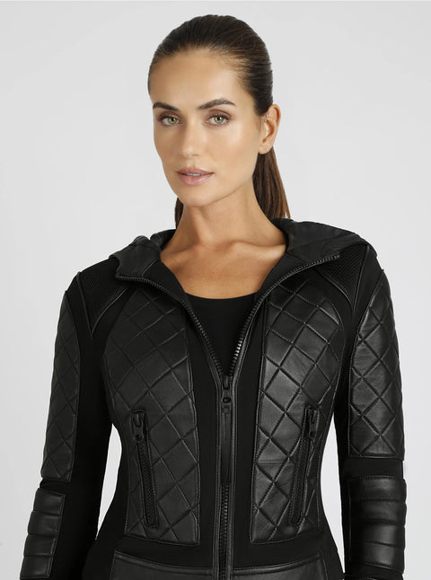 Hooded Mesh Genuine Leather Moto Jacket