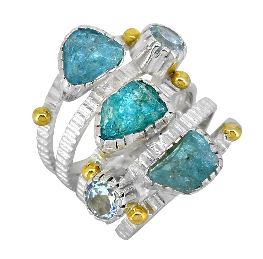 Apatite, Blue Topaz Sterling Silver Ring with Brass Accent-Ring-Tiramisu-5-Urbanheer