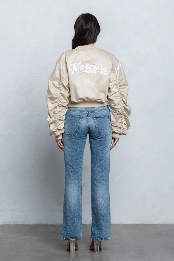 Satin Zipper Bomber Jacket w/ Pu Patch Embroidery Taupe