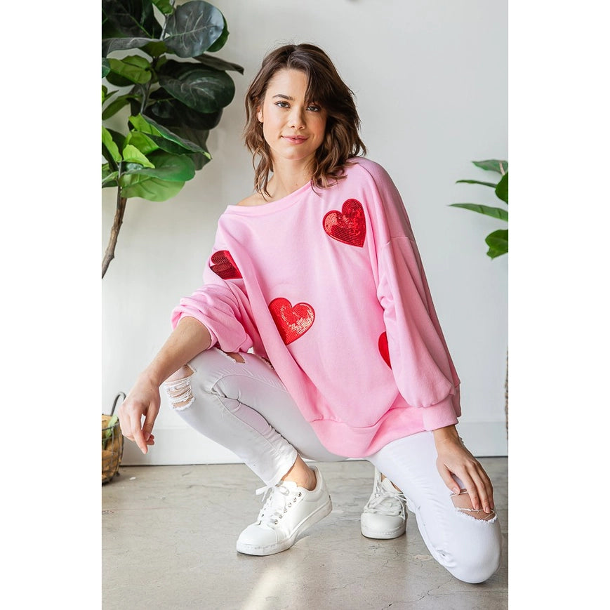Sequined Heart Patch Sweatshirt-Sweatshirt-Peace Love Line-S-H GREY/PINK HEARTS-Urbanheer