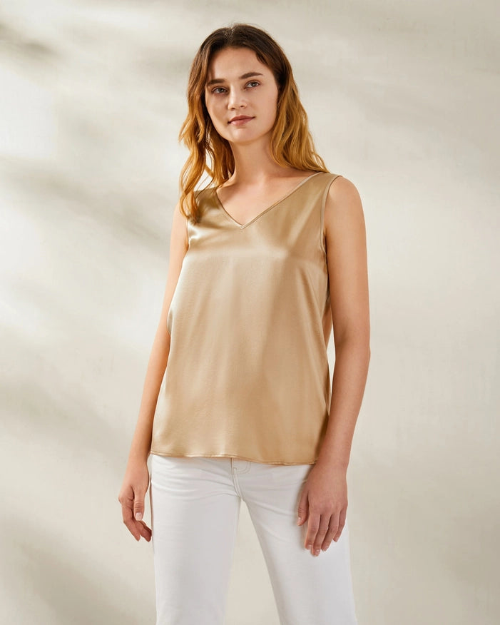 Reversible V&U Neck Silk Camisole Light Camel-Camisole-MommeSilk-XS-Urbanheer