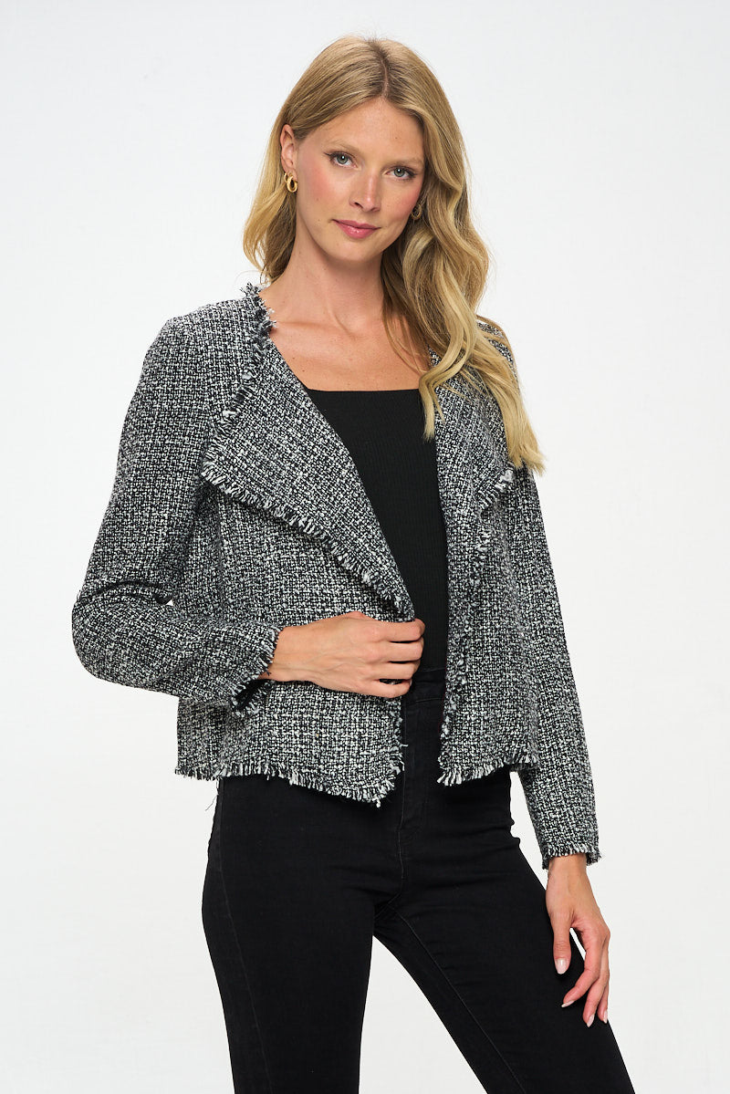Open Front Blazer Cardigan With Frayed Hem-Renee C.-S-Urbanheer