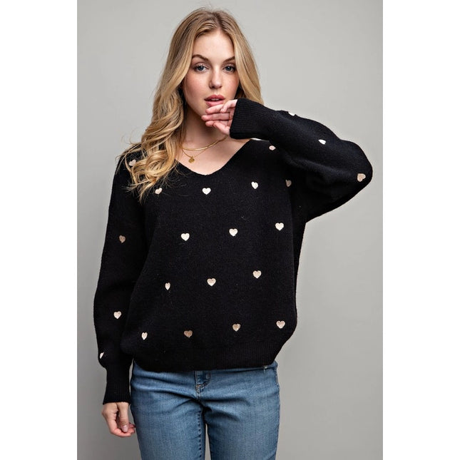 Plus Size Heart Pattern Boxy Knit Pullover Sweater Black-SWEATER-Pink Irene Wholesale-1X/2X-Urbanheer