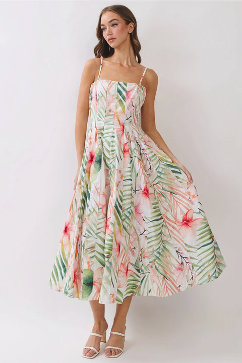 Tropical Botanical Print Pleated Detail Midi Dress