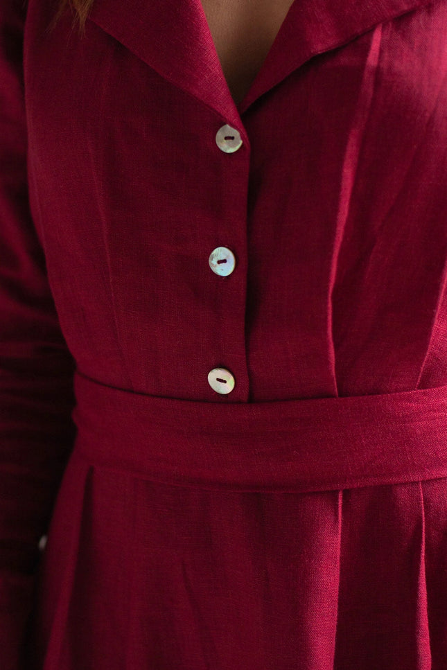Burgundy Red Linen Dress Maxi With Front Buttons And Collar-Clothing - Women-Nich Linen-Urbanheer