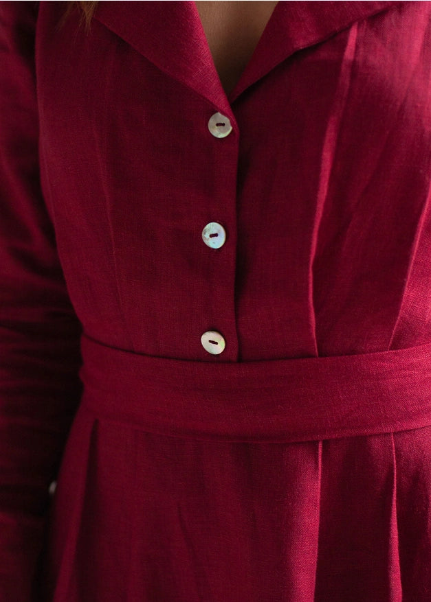 Burgundy Red Linen Dress Maxi with Front Buttons and Collar