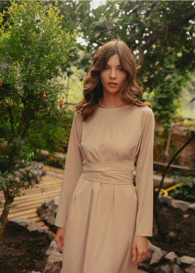 Wrap Linen Belted Beige Bridesmaid Dress For Women Midi-Dress-Nich Linen-XXS-Urbanheer